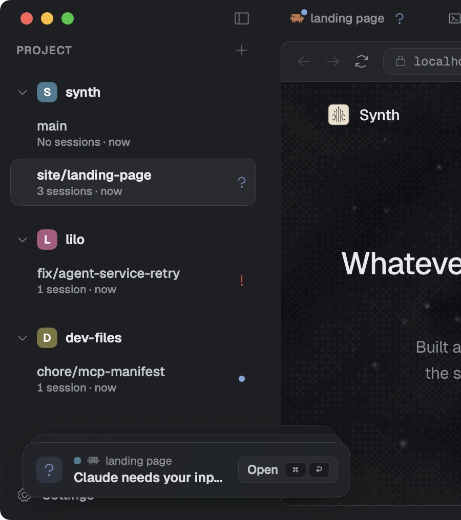 Synth's sidebar: three projects, each branch carrying the state of what is inside it, and a notification card for the session that has stopped to ask something.
