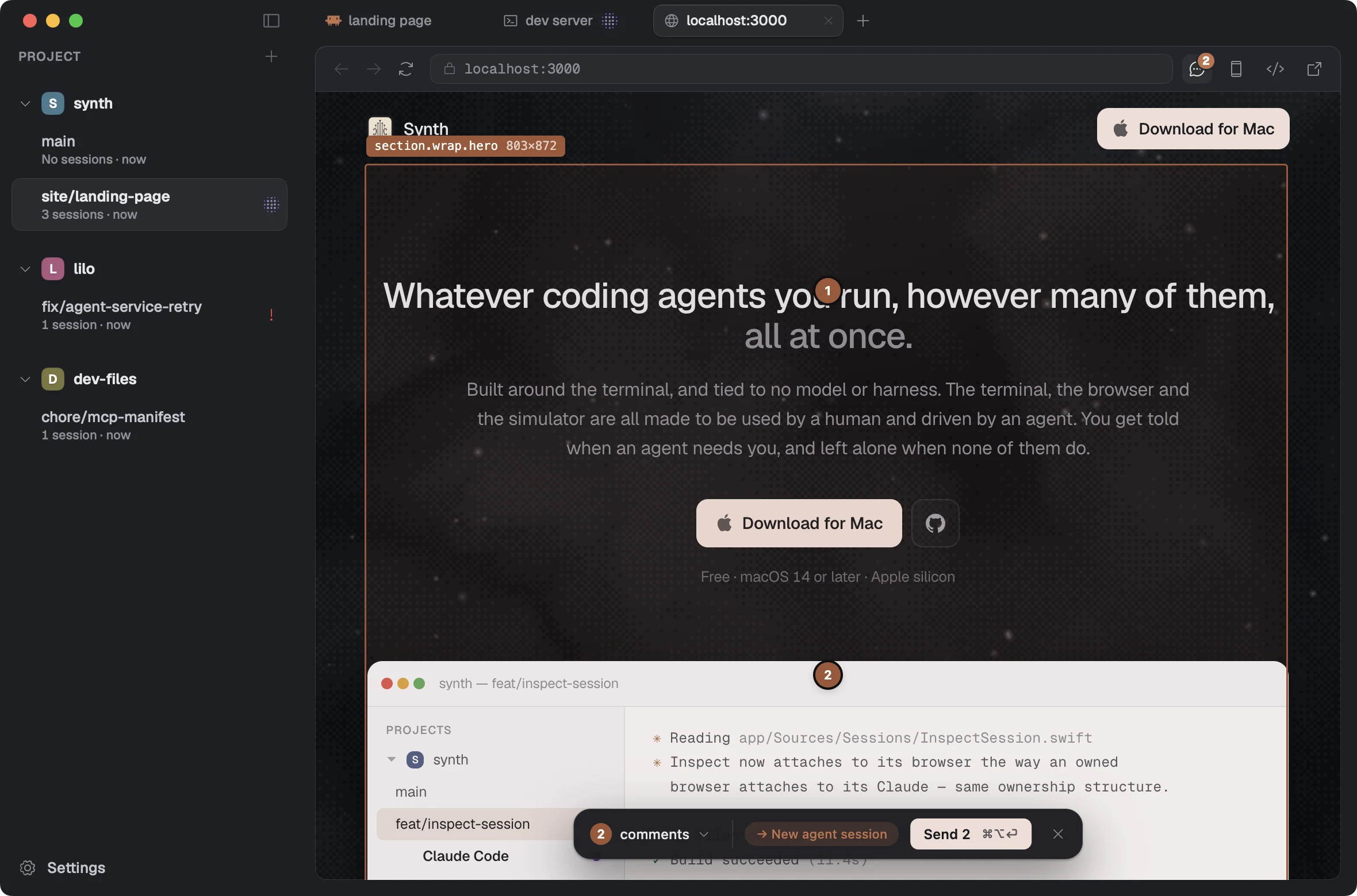 Synth's browser pane showing this landing page, with two comments pinned on it and the send bar ready to hand them to an agent.