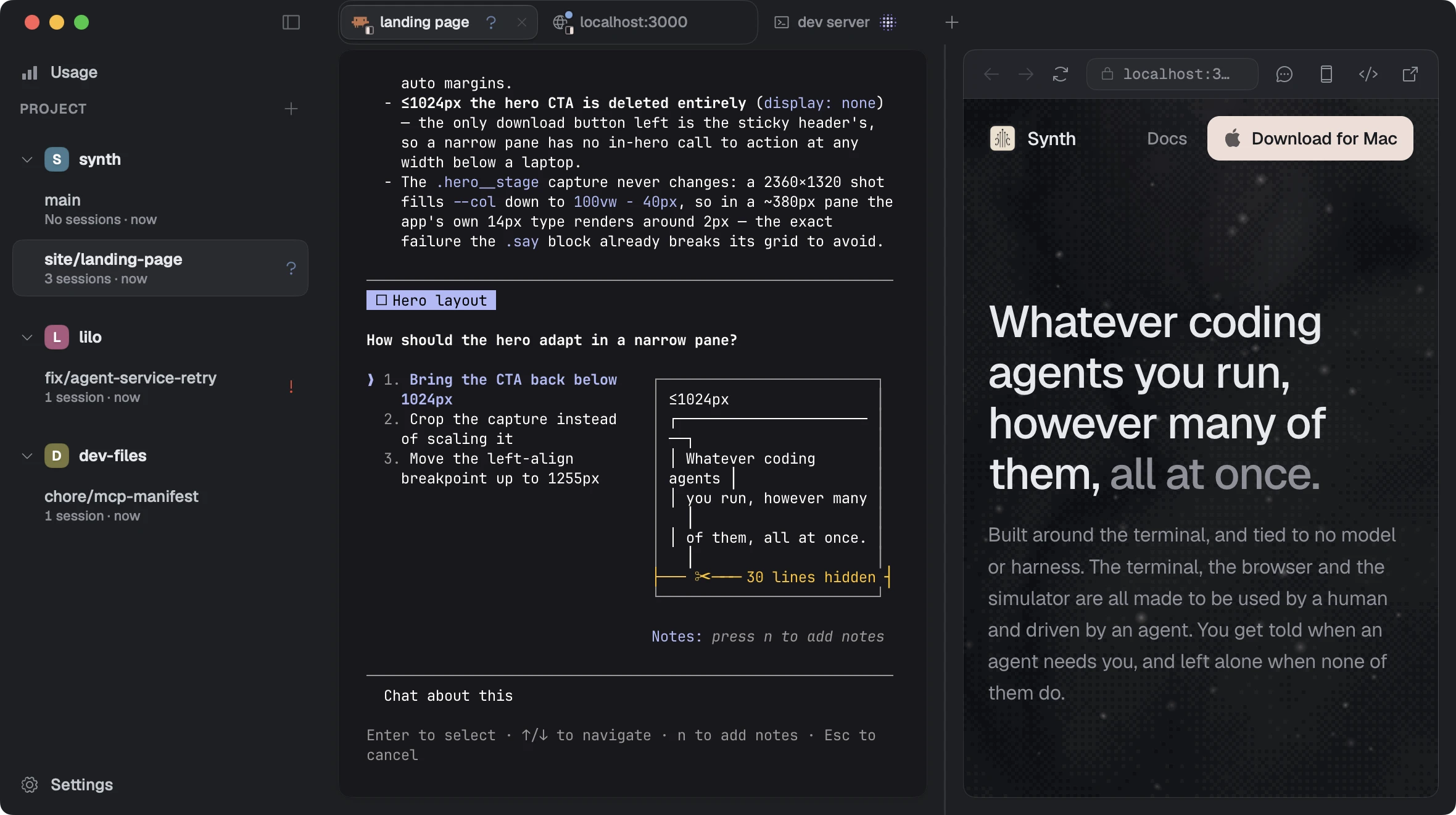 Synth with three projects in the
             sidebar, Claude Code on the left and the live website in a browser pane on the right.