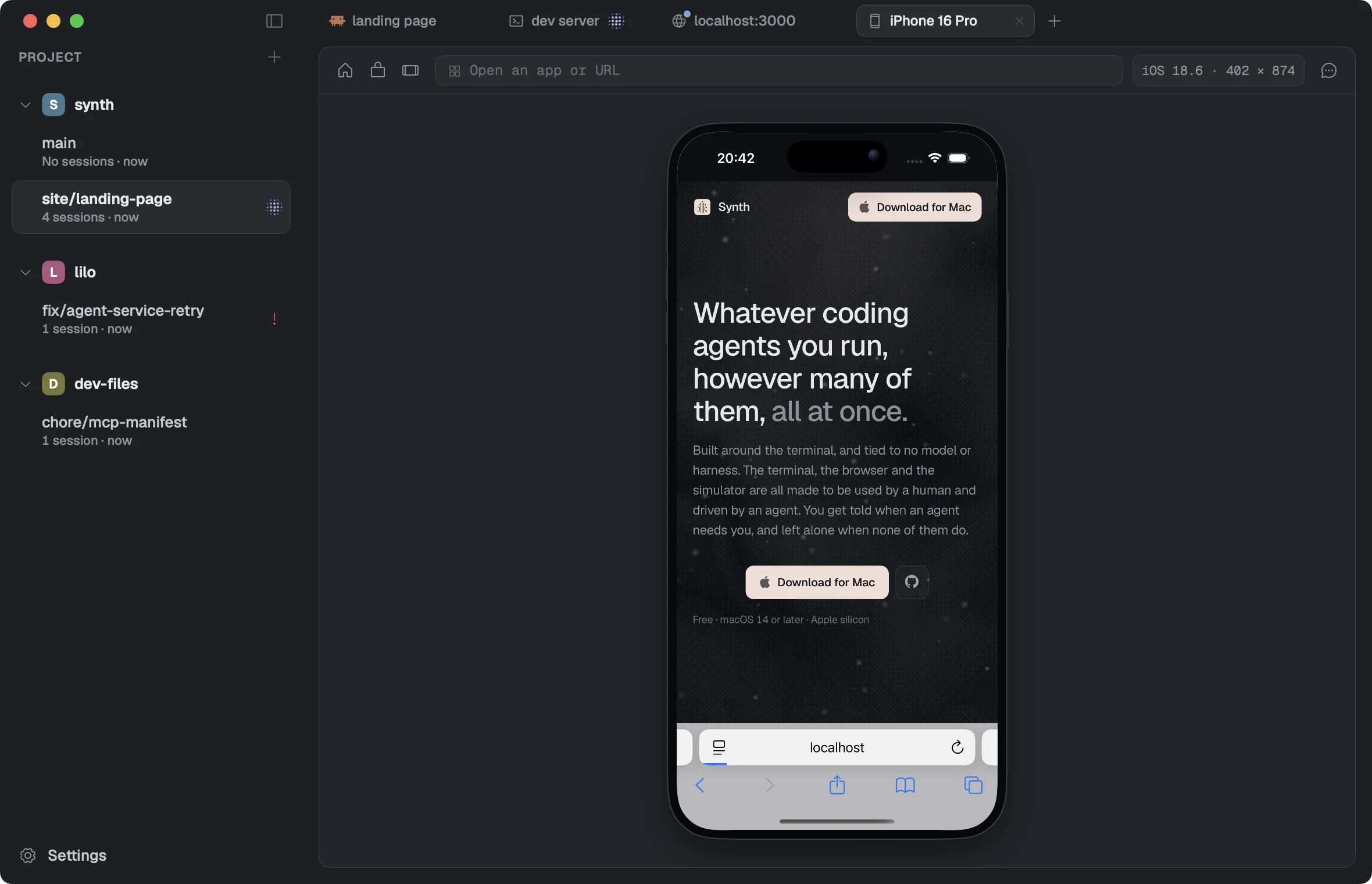 Synth's simulator pane showing this landing page's mobile layout on a booted iPhone 16 Pro.